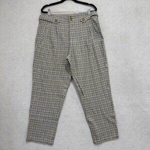 Sundance Pants Womens 10 Beige Blue Plaid Linen Blend Pleated High Rise Tapered
